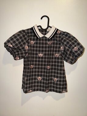 Burberry Black Plaid Puff-Sleeve Polo Top with Pink Floral Motifs